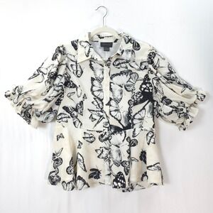 Gracia Butterfly Print Blouse Puff Sleeve Peplum Fairycore L Chic Cottagecore